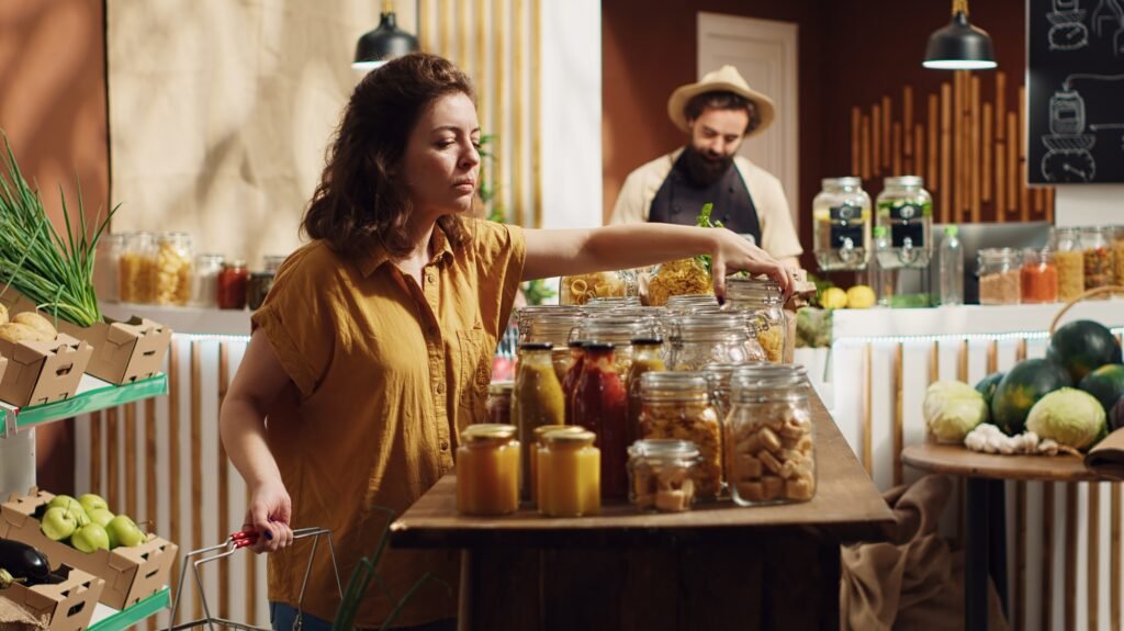 Vegan woman purchases bulk food