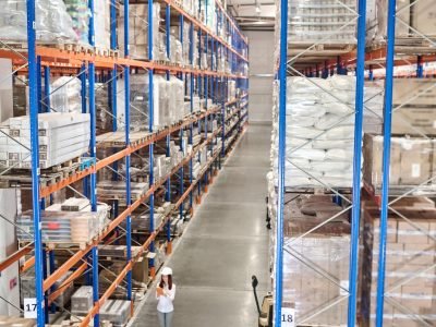 Large warehouse. Woman in white protective helmet with tablet standing in large industrial warehouse in aisle between high racks for goods