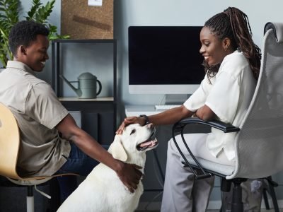 Young People Petting Dog in Office